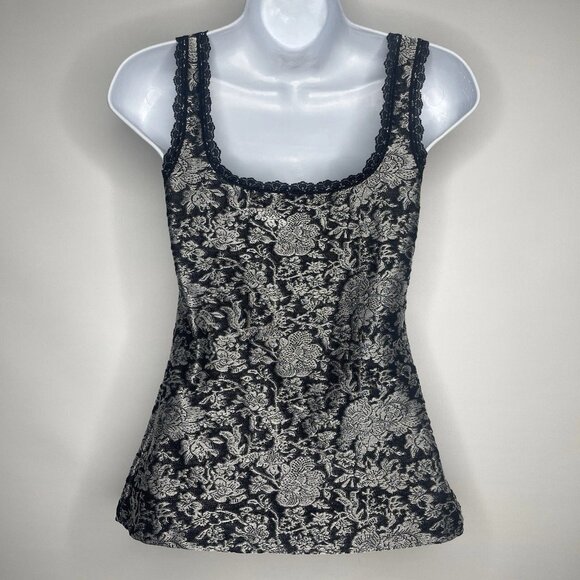 Vintage Y2K Cache Cami Camisole Tank Top Size S Black Silver Knit Floral Brocade - Picture 5 of 8